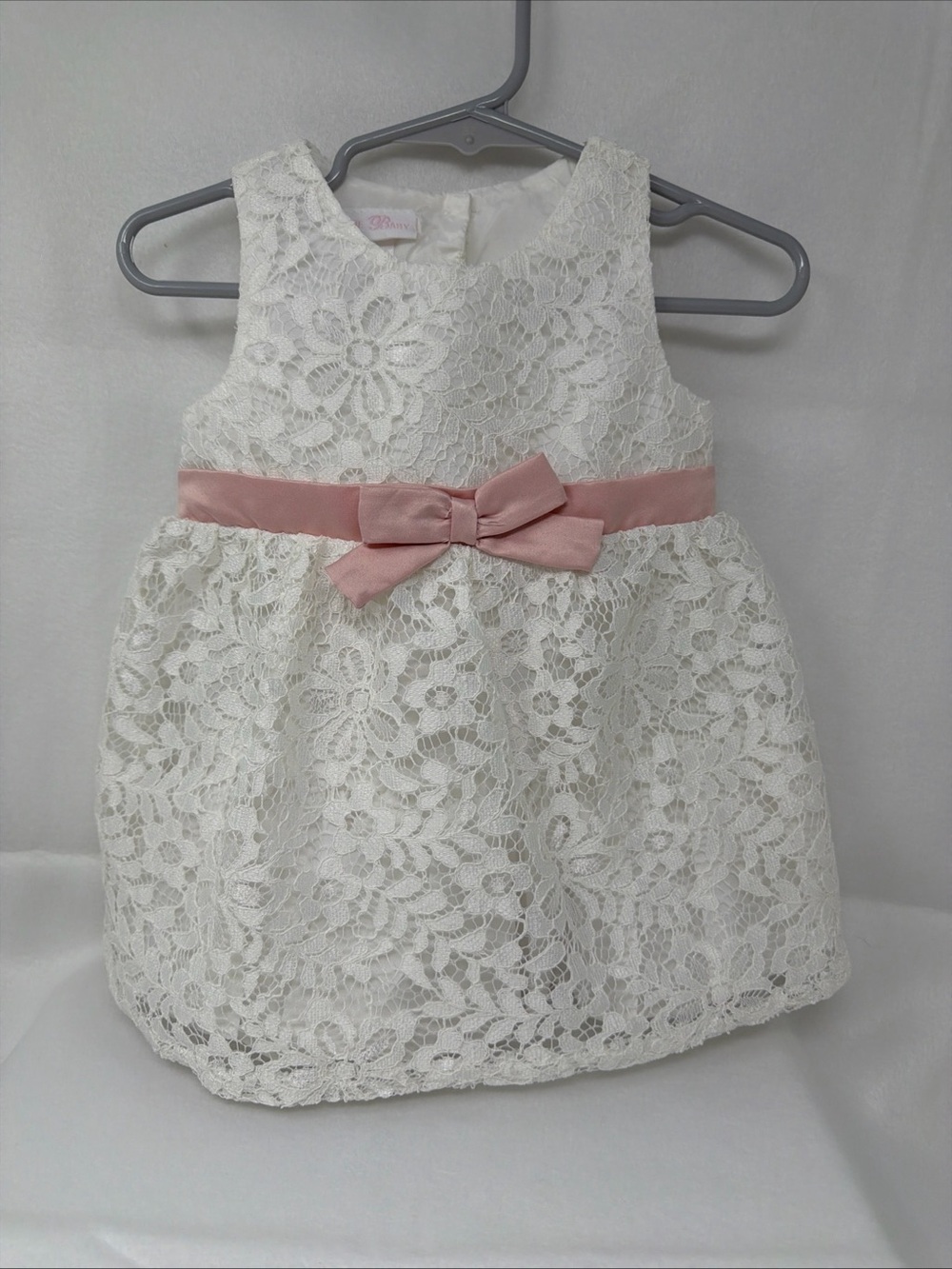 Bonnie Baby White Lace Dress with Pink Bow Size 12 Months